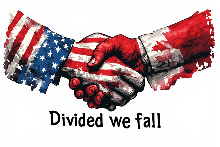 American and Canadian hand shake in union together with the words divided we fall under it